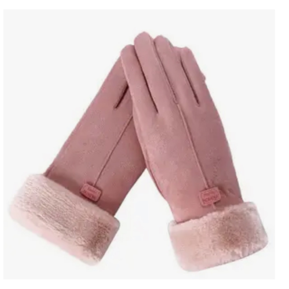 PINK FAUX FUR TRIMMED THERMAL WINTER GLOVES WITH TOUCH SCREEN FINGER